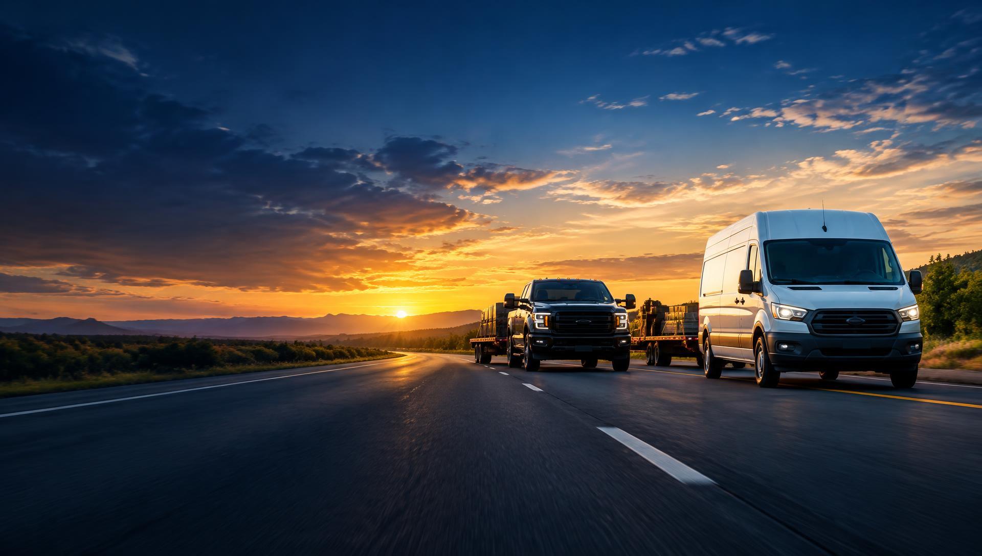 Cargo van and hotshot truck traveling on an interstate at sunrise